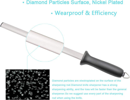 12inch Diamond Houselold Sharpening Rod, Professional Kitchen Knife Sharpener Steel, Premium Knife Blades Honer, Ideal for Master Chef, Home Cooking and Hunting, 600# Grit, Oval