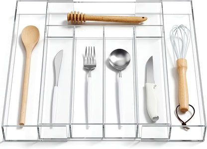 Teenyyou 1 Pack Expandable Kitchen Drawer Organizer Clear Acrylic Utensil Organizer Adjustable Acrylic Silverware Storage for Drawers Silverware Flatware Knives (12 x 16 Inches,6-8 Compartments)
