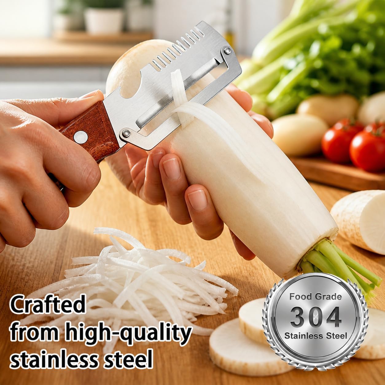 2 Pack MultiFunctional Vegetable Peeler,3 in 1 Multi Functional Wooden Handle Peeler and Bottle Opener,Peeler Knife for Fruit Pumpkin Peeling Potato Carrot Veggie Peeler