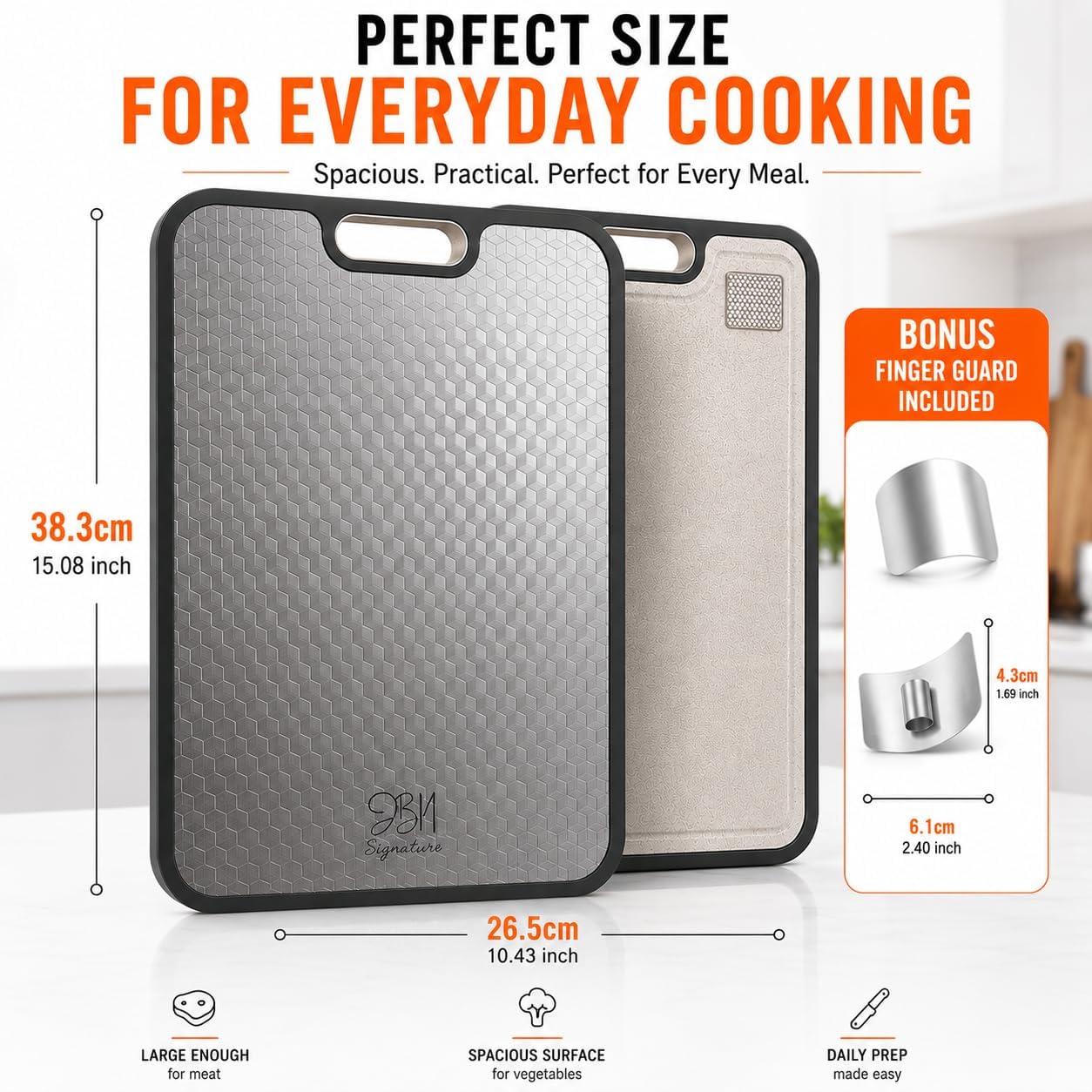 JBN Pure Titanium Cutting Board for Kitchen - Non-Toxic, Double Sided, Dishwasher Safe | Includes Stainless Steel Finger Guard | Non-Slip | 15.08"×10.43" Large Chopping Board