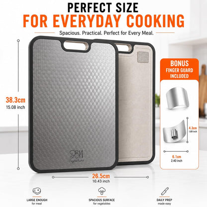JBN Pure Titanium Cutting Board for Kitchen - Non-Toxic, Double Sided, Dishwasher Safe | Includes Stainless Steel Finger Guard | Non-Slip | 15.08"×10.43" Large Chopping Board