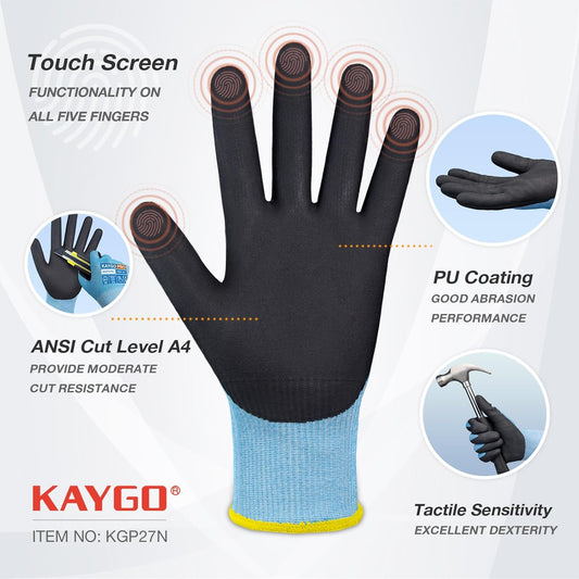 KAYGO 3 Pairs Cut Resistant Gloves Micro Finishing Nitrile Coated,Safety Work Gloves with Firm Grip,ANSI Cut A4,KG27N,Ideal for Construction,Warehouse,Wood Carving
