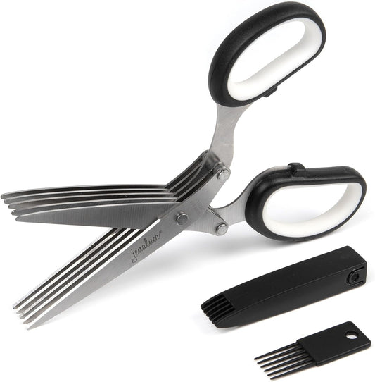 Jenaluca 5 Blade Herb Scissors - Cut & Chop Fresh Herbs & Leafy Greens - Salad Scissors - Stainless Steel Kitchen Shear Set with Cleaning Comb & Safety Cover - Kitchen Gadget - Green