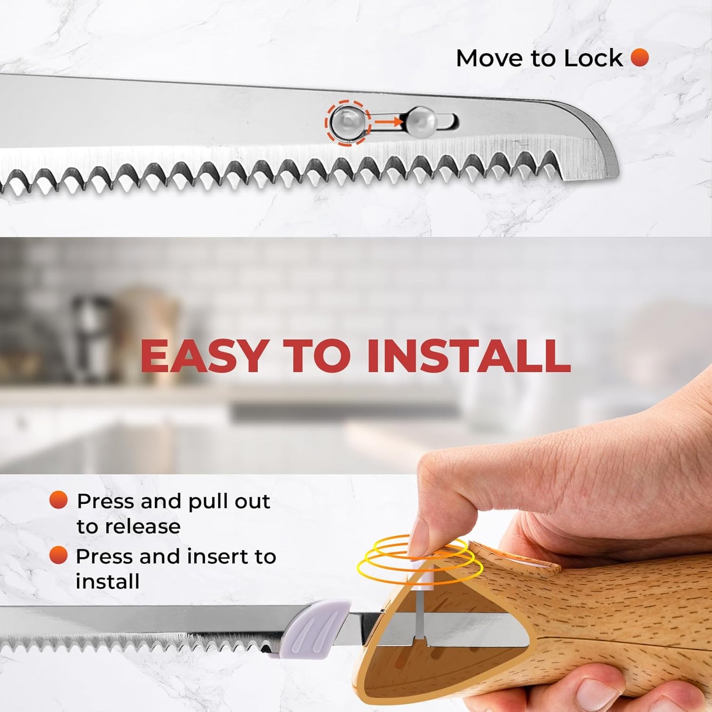 Prikoi Electric Knife - Carving Knife Set, Easy-Slice Serrated Edge Blades for Meat, Bread, Turkey, Ribs, Fillet, DIY, Ergonomic Handle + 2 Blades for Raw & Cooked Food New Upgrade(Faux Wood)