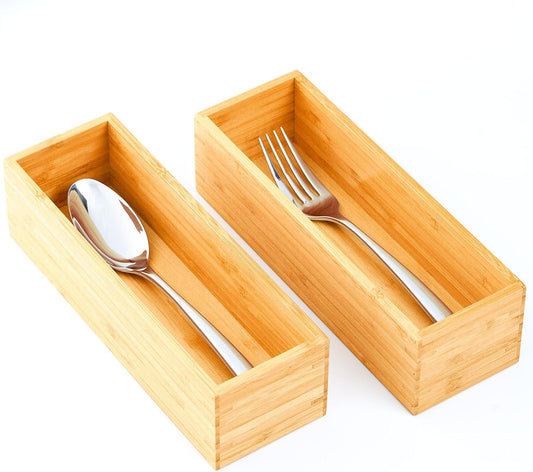 Umilife Bamboo Kitchen Utensils Organizer, Extra Long High Silverware Drawer Holder, Flatware Cutlery Storage Box, Multi-Use Drawer Divider in Office, Bathroom, Pantry - 17"x6"x2.5" (Set of 2)