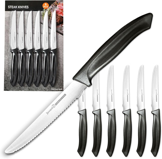 Steak Knife Set of 6, Serrated Steak Knives, Premium Stainless Steel Multi Functional Knife, Dishwasher Safe, Black