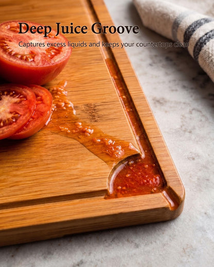Cutting Boards for Kitchen, Bamboo Cutting Board Set of 3 with Storage Stand, Deep Carbonized Chopping Boards with Deep Juice Grooves and Side Handles for Meat, Vegetables, Fruit and Meal Prep