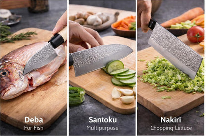 Japanese 3 Piece Kitchen Knife Set Santoku, Nakiri and Deba knives