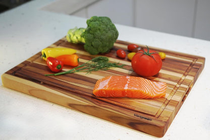 Teak Cutting Board - End Grain Butcher Block, 20 x 14 x 1.5 Inch Large Wood Board with Juice Groove & Side Handles, Extra Thick Carving Board for Meat Prep, BBQ & Charcuterie