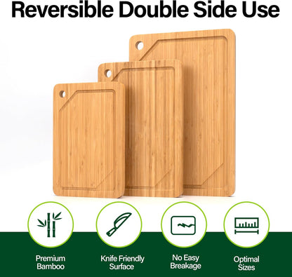 WILLKOMMEN 4-Piece Bamboo Cutting Boards for Kitchen, Chopping Board Set with Food Icon (Meat, Fish, Vegetables, Fruits) Butcher Block with Stands, Handles & Juice Grooves (Small, Medium, Large, XL)