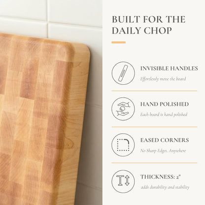 Vandroop Maple Wood End Grain Cutting Board for Kitchen - Square Wooden Maple Heavy Butcher Block Chef's Board 14x14x2”- Reversible End-Grain Chopping Board with Finger Grips