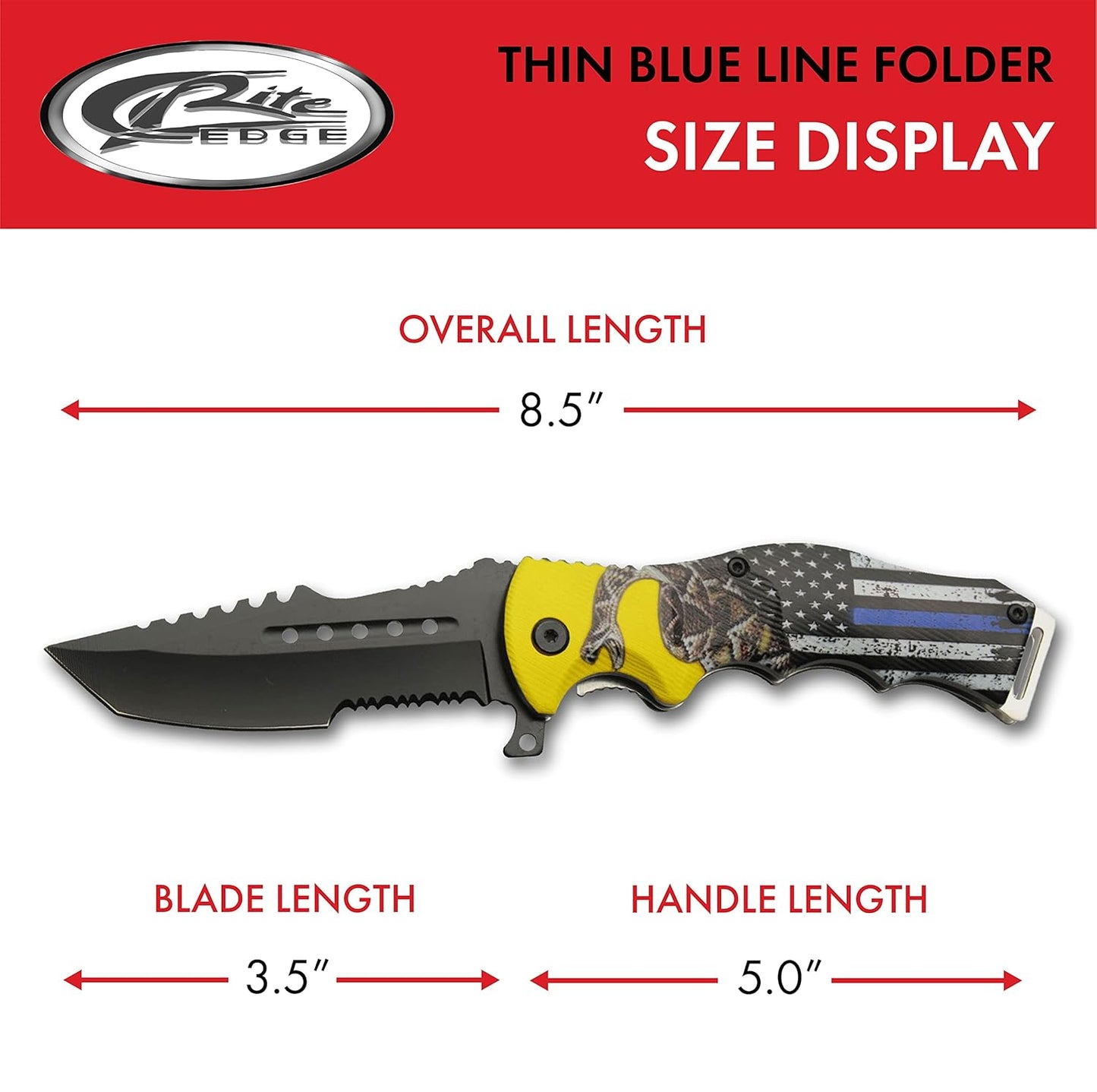 SZCO Supplies 8.5" Assisted Opening Folding Knife - Thin Blue Line EDC Utility Knife with Pocket Clip, Tactical Tanto Blade, Serrated Edge, Law Enforcement Tribute