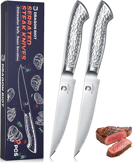 DRAGON RIOT Steak Knives Set of 4 Serrated Edge Steak Knife Set Japanese Stainless Steel Dinner Knife Diswasher Safe Steak Knives with Box