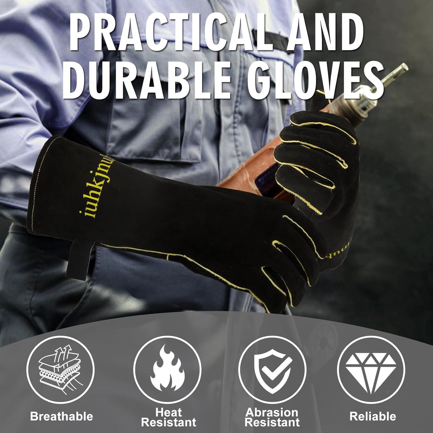 16" Leather Forge Welding Gloves, 932℉ Heat/Fire Resistant, Multi-Use Mitts for TIG/MIG Welding, BBQ, Oven, Baking, Furnace, Beekeeping, Animal Handling & Stove Safety，Ambidextrous