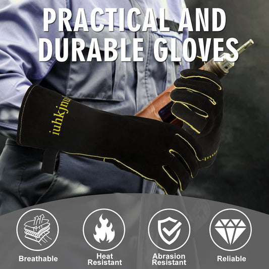 16" Leather Forge Welding Gloves, 932℉ Heat/Fire Resistant, Multi-Use Mitts for TIG/MIG Welding, BBQ, Oven, Baking, Furnace, Beekeeping, Animal Handling & Stove Safety，Ambidextrous