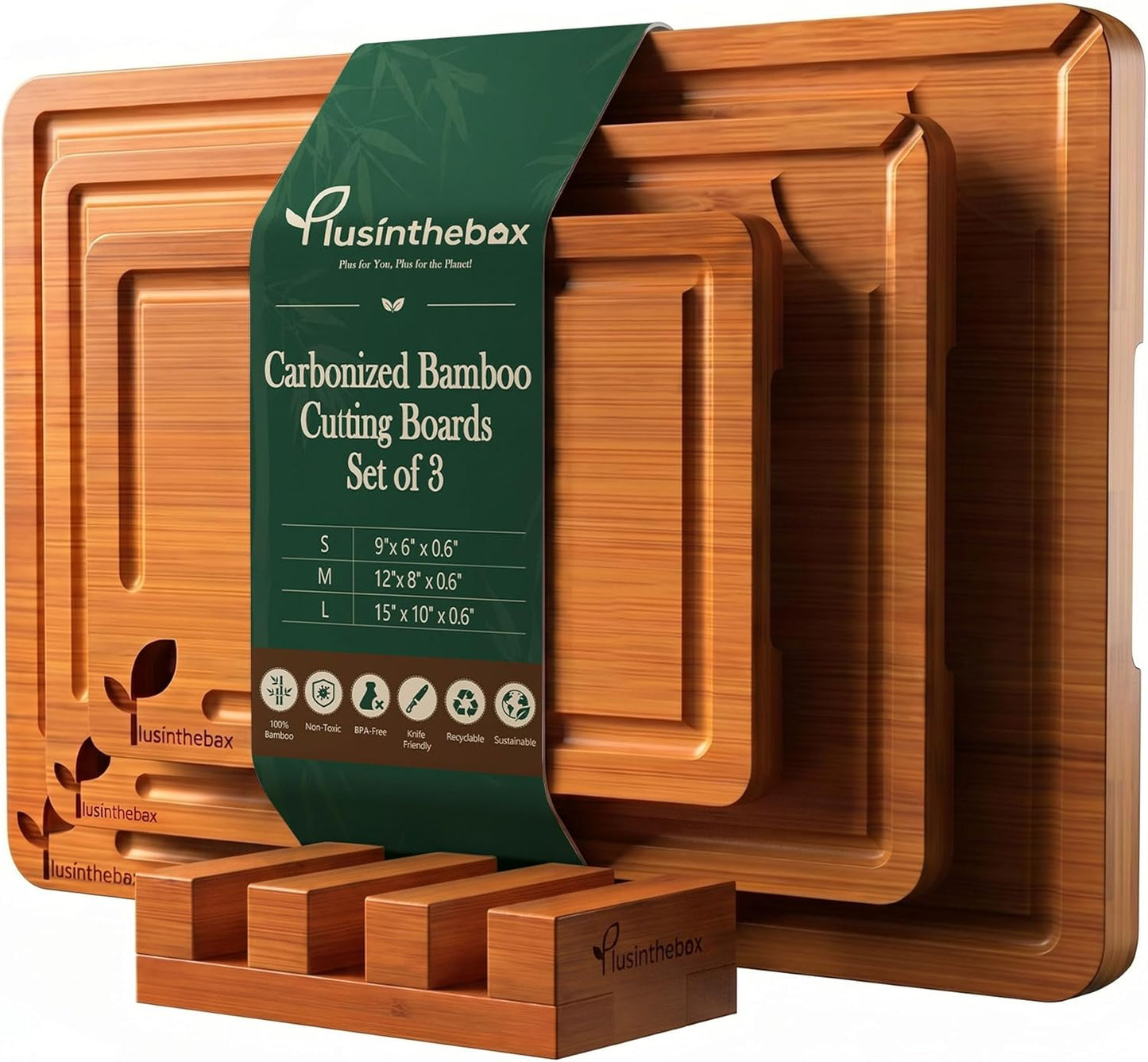 Cutting Boards for Kitchen, Bamboo Cutting Board Set of 3 with Storage Stand, Deep Carbonized Chopping Boards with Deep Juice Grooves and Side Handles for Meat, Vegetables, Fruit and Meal Prep