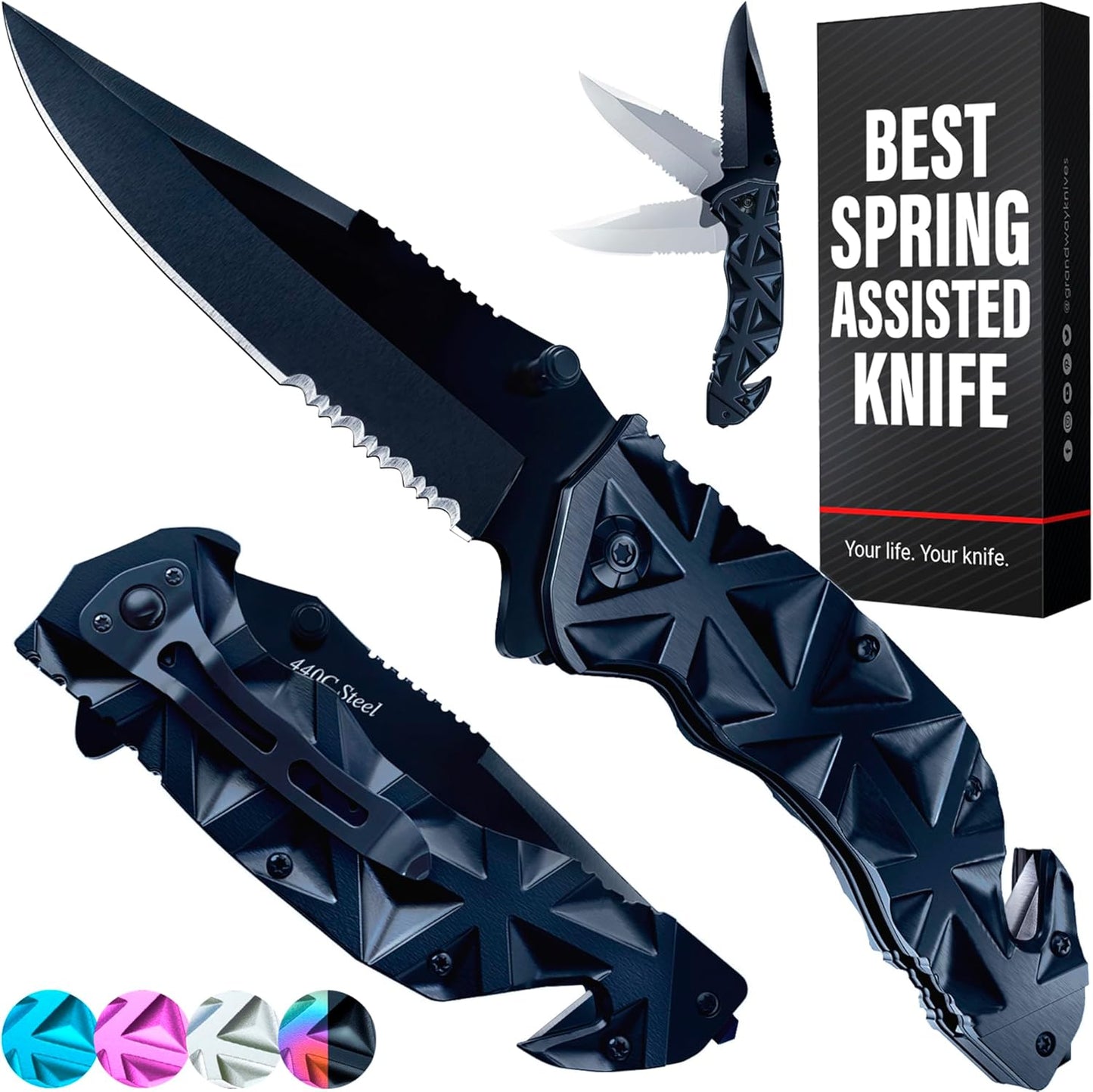 Pocket Knife for Men - Serrated Sharp 3.5" Folding Blade - Multifunction Tool with Wire Cutter Glass Breaker - Perfect Knives for Outdoor Cooking, Cutting Sashimi, Kitchen - Anniversary, Birthday Gifts Idea HB 207