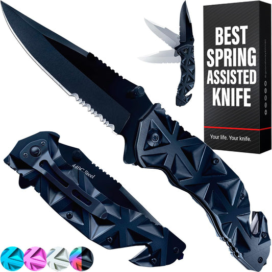 Pocket Knife for Men - Serrated Sharp 3.5" Folding Blade - Multifunction Tool with Wire Cutter Glass Breaker - Perfect Knives for Outdoor Garnish Cooking - Anniversary, Birthday Gifts Idea HB 207