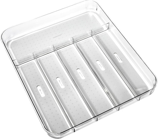madesmart Premium Clear Silverware Tray, 6 Compartment Flatware Organizer for Forks, Knives & Spoons, Soft Grip Lining & Non Slip Base, Grey