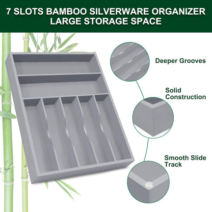 Bellsal Natural Utensil Organizer 12.5 Inch Silverware Organizer for Drawer Utensil Holder Cutlery Organizer Kitchen Drawer Organizer 7 Compartment Small Narrow Bamboo