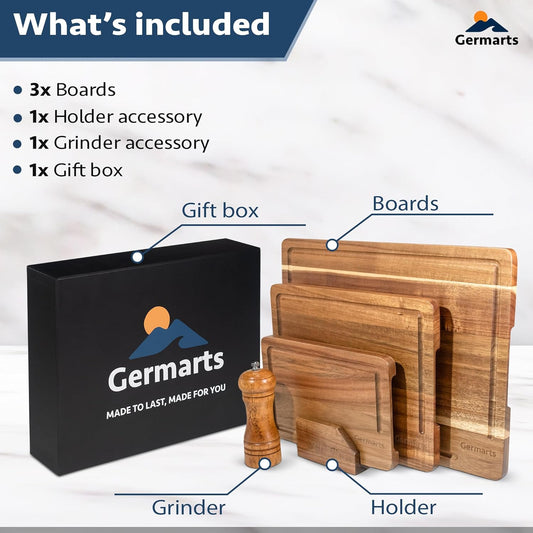 Wooden Cutting Board Set of 3 Acacia Wooden Cutting Boards for Kitchen Design with Holder to Home Decor, Kitchen Gadgets for Cooking, Serving, Camping and Charcuterie Boards, Includes Grinder