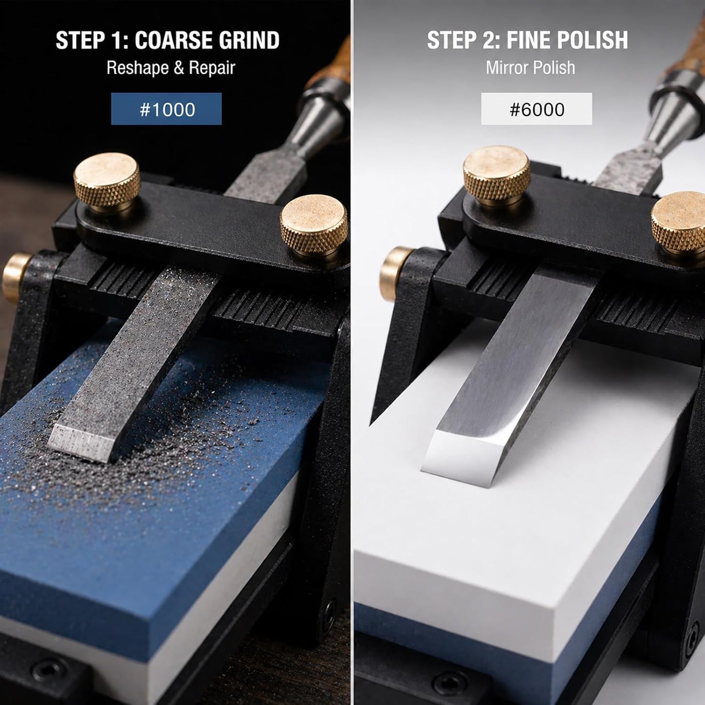 Chisel Sharpening Jig with Fixed Angle Sharpening System,Anodized Aluminum Honing Guide & Dual-Sided Whetstones (1000/6000 Grit) for Woodworking Tools, Planer Blades and Carving Knives