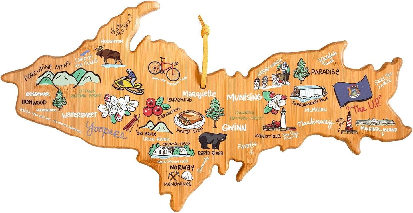Totally Bamboo Tennessee State Shaped Cutting Board and Charcuterie Serving Platter with Artwork by Fish Kiss, Includes Hang Tie for Wall Display - Colors A