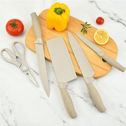 Kitchen Knife Set. 6-Pieces Luxury Wooden Coating, Light Wood Grain Handle, Stainless Steel Non-Stick Sharp Blade Chef Knife Set with Cylindrical Knife Block for Gift