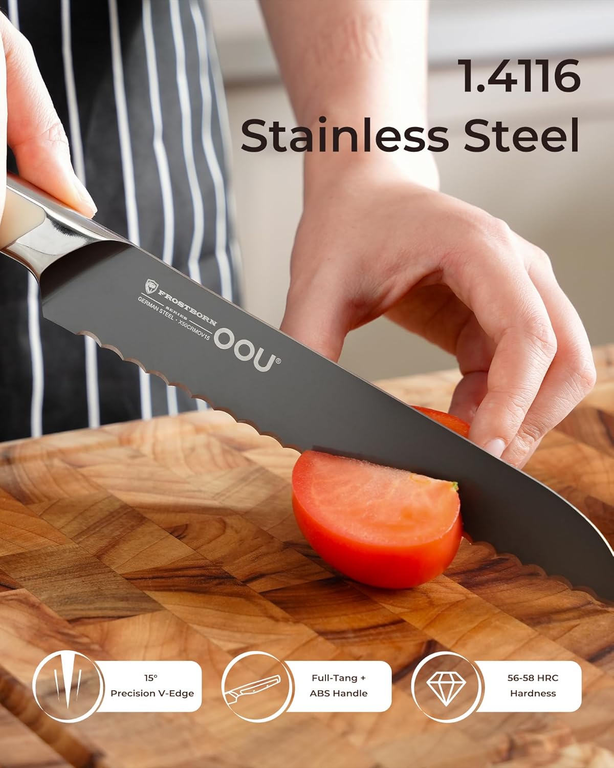 OOU 8 Inch Chef Knife, German 1.4116 Stainless Steel Kitchen Knife, Gunmetal Blade with AgShield & TinSharp Finish, Balanced ABS Handle, Sharp Cooking Knife for Meat, Vegetables and Daily Prep