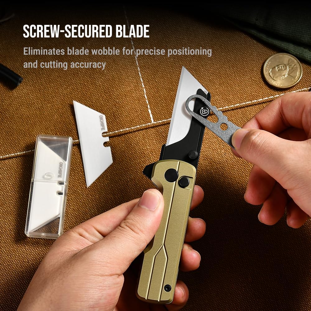OKNIFE U1 Ultra Titanium Pocket Folding Utility Knife w/Ceramic Blade, Button Lock EDC Box Cutter with Clip for Men Women
