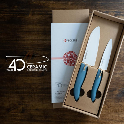 Kyocera Revolution 2-Piece Ceramic Knife Set: Chef Knife For Your Cooking Needs, 5.5" Santoku and 4.5" Utility Knife, White Blades with Blue Handles, White/Blue