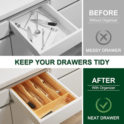 Bellsal Natural Utensil Organizer 12.5 Inch Silverware Organizer for Drawer Utensil Holder Cutlery Organizer Kitchen Drawer Organizer 7 Compartment Small Narrow Bamboo