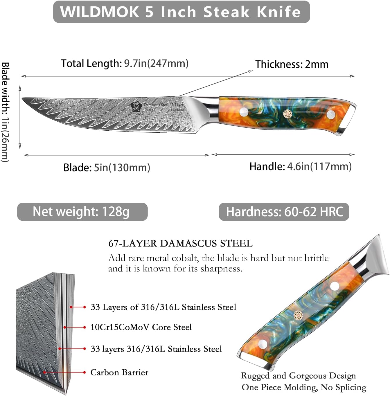 WILDMOK Steak Knife Set 4pc Full Tang 5 inch Forged Damascus Steel Dinner Knives Full Tang Ergonomic Beautiful Resin Handle