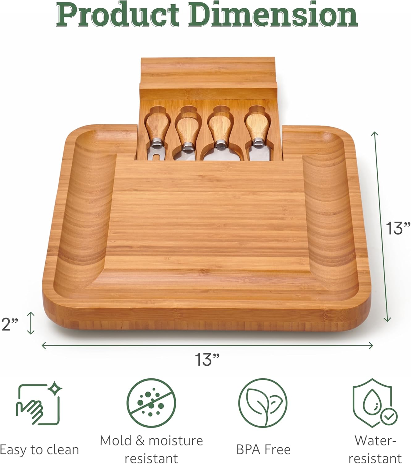 Dynamic Gear Bamboo Charcuterie Cheese Board Set with Knives - Low Maintenance Surface - Perfect for Wine and Cheese Nights - Sleek and Minimal Design - 13x13x2 inches - Dark Brown