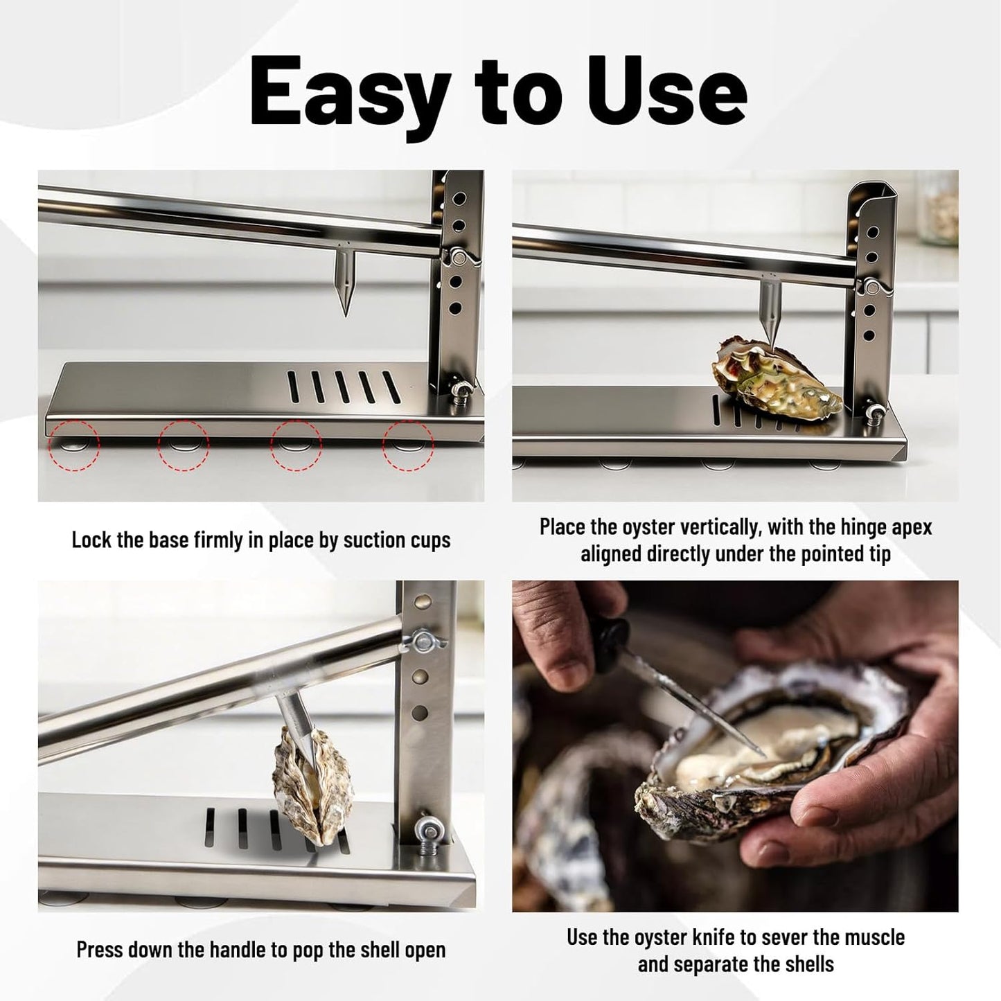 Oyster Shucker Tool, Stainless Steel Shell Opener Machine wtih 5 Adjustable Heights & 8 Suction Cups for Oysters, Clams, Scallops | Includes 2 Shucking Knives & 1 Pair of Gloves