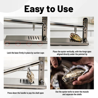 Oyster Shucker Tool, Stainless Steel Shell Opener Machine wtih 5 Adjustable Heights & 8 Suction Cups for Oysters, Clams, Scallops | Includes 2 Shucking Knives & 1 Pair of Gloves