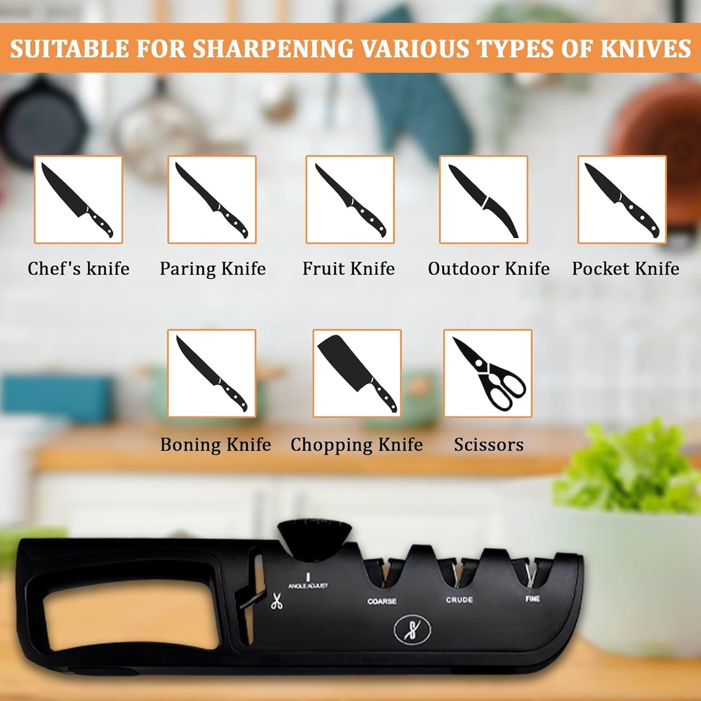 SKILO Premium 4 in 1 Knife Sharpener [4 Stage] | Non-Slip Grip, Easy to Hold | Stainless Kitchen Knife Sharpener for Scissors, Coarse, Crude, Fine Sharpness with Adjustable Angle Knob - (Black)