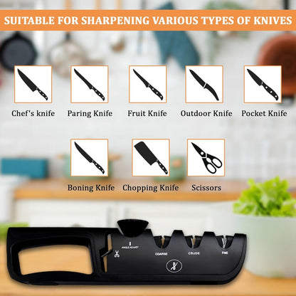 SKILO Premium 4 in 1 Knife Sharpener [4 Stage] | Non-Slip Grip, Easy to Hold | Stainless Kitchen Knife Sharpener for Scissors, Coarse, Crude, Fine Sharpness with Adjustable Angle Knob - (Black)