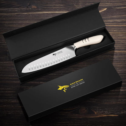 MAD SHARK 8 Inch Santoku Knife - Ultra Sharp Japanese Kitchen Knife with High Carbon German Steel, Ergonomic Handle, Ideal for Slicing, Dicing, Cutting - Unique Gift for Chefs, Men & Women (Black)