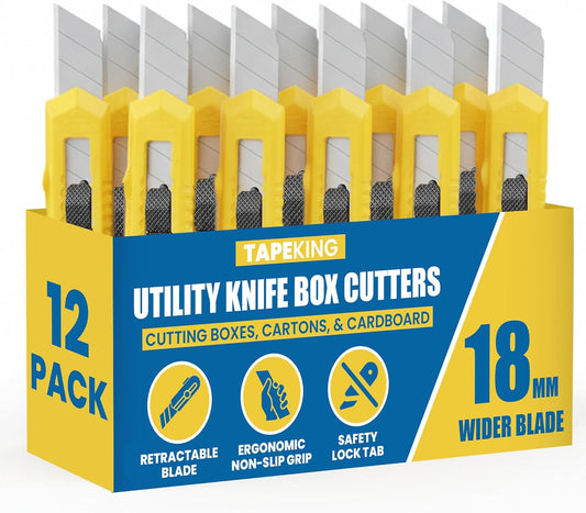 Tape King Utility Knife Set (12 Pack) | 18mm Wide Blade Box Cutter | Retractable Design, Compact And Versatile for Home, Crafts, Warehouse, Cartons, Cardboard, Office Supplies and Packaging