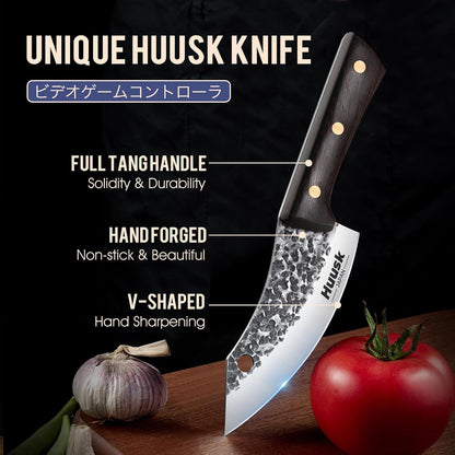 Huusk Hand Forged Chef Knife Set, High Carbon Steel Butcher Knife Set, Japanese Kitchen Knives for Home, Outdoor BBQ Camping Cooking, Gift Idea for Men