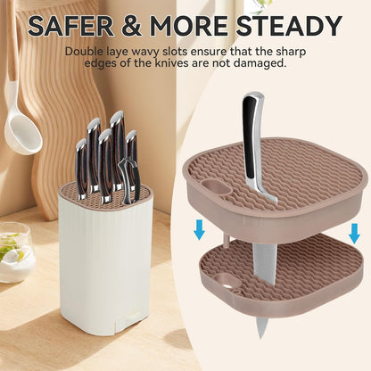 Knife Block Without Knives with Sharpening Stone Large Volume with Scissors Slot Knife Holder Qoosea Easy Cleaning Detachable Knife Storage Space Saver for Kitchen White