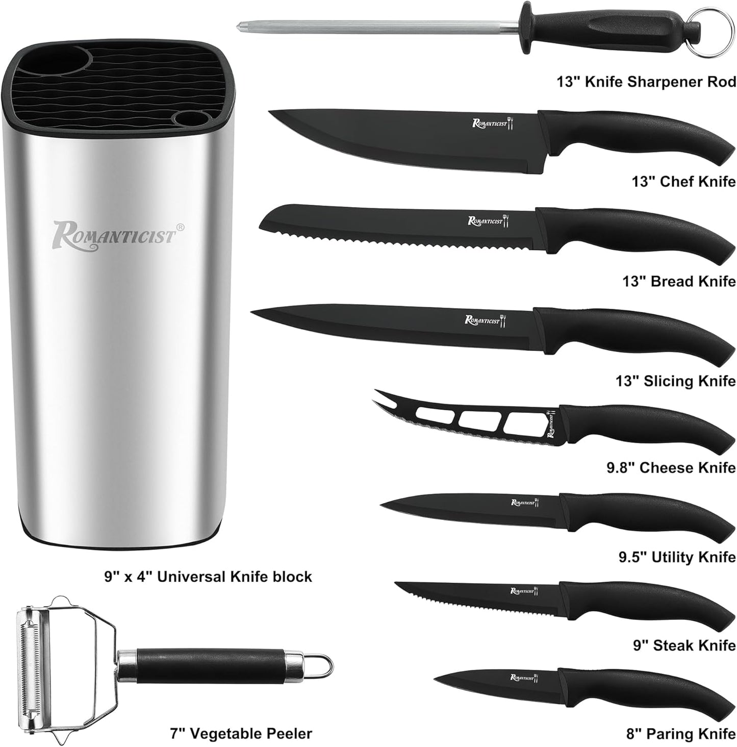 ROMANTICIST Knife Set, 10 Pieces Knife Block Set - Stainless Steel Kitchen Knives with Sharpener and Cheese Knife, Non-Slip Ergonomic Handles, Exquisite Knives Set - Stylish Black