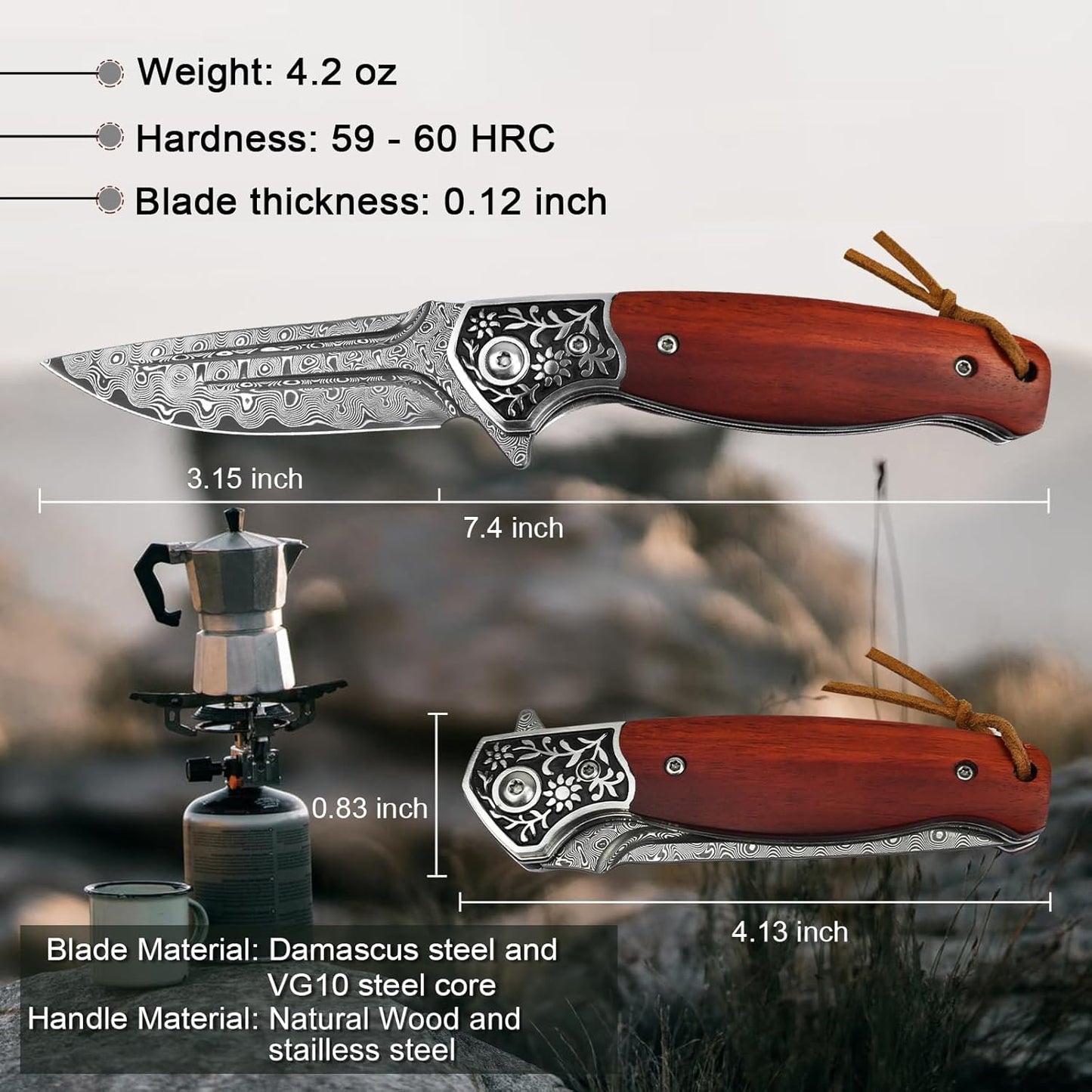 KOMWERO Damascus Pocket Knife for Men, VG10 Core Damascus Steel Folding Knife with Wood Handle, Ball Bearing, Thumb Hole, Liner Lock, Sheath for EDC Outdoor Survival Hunting