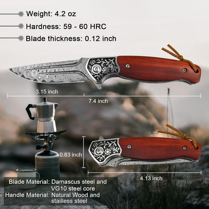 KOMWERO Damascus Pocket Knife for Men, VG10 Core Damascus Steel Folding Knife with Wood Handle, Ball Bearing, Thumb Hole, Liner Lock, Sheath for EDC Outdoor Survival Hunting