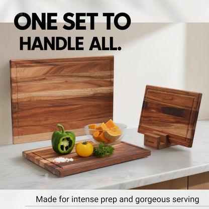Non Toxic Acacia Wood Cutting Board Set with Stand | 3 Pcs Knife-Friendly Non-Slip Wooden Cutting Boards for Kitchen | 0.7″Thick Butcher Block | Solid Chopping Boards with Juice Groove
