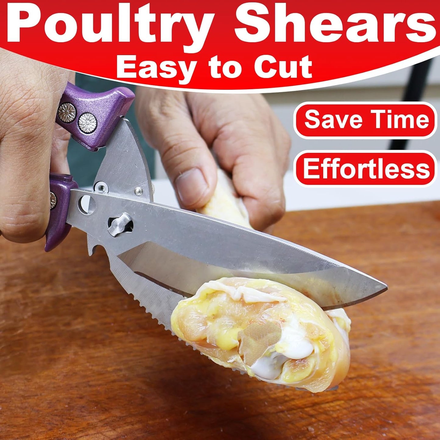 Heavy Duty Poultry Scissors - All Purpose Kitchen Shears for Chicken, Fish & Meat - Easily Separable, Dishwasher Safe (Red)