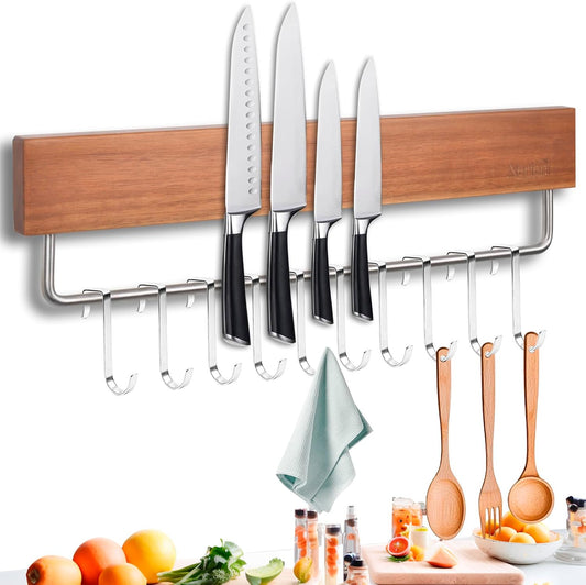Nerien Magnetic Knife Holder Strip for Wall - 17" Acacia Wood Knife Magnetic Strip with 10pcs Hooks, No Drilling Knives Magnet Block Rack, Magnet Knives Storage Holders for Kitchen Utensil Organizer