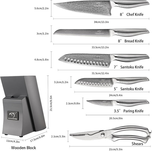 NANFANG BROTHERS® Kitchen Knife Set with Magnetic Knife Holder, 6-Piece Damascus Steel Knives & Acacia Wood magnetic Block - Includes Chef, santoku, Bread, Small Santoku, Fruit Knives