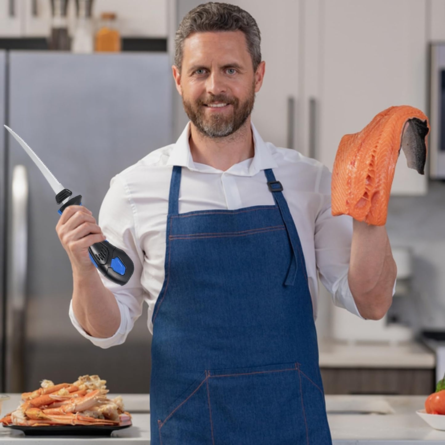 Cordless Electric Fillet Knife - 5 Ti-Nitride Coated Non-Stick Blades, Ergonomic Non-Slip Grip Handle & Cooling Vent Stylish with Carry Bag,Perfect Electric Knife for Effortless Fishing (Red)